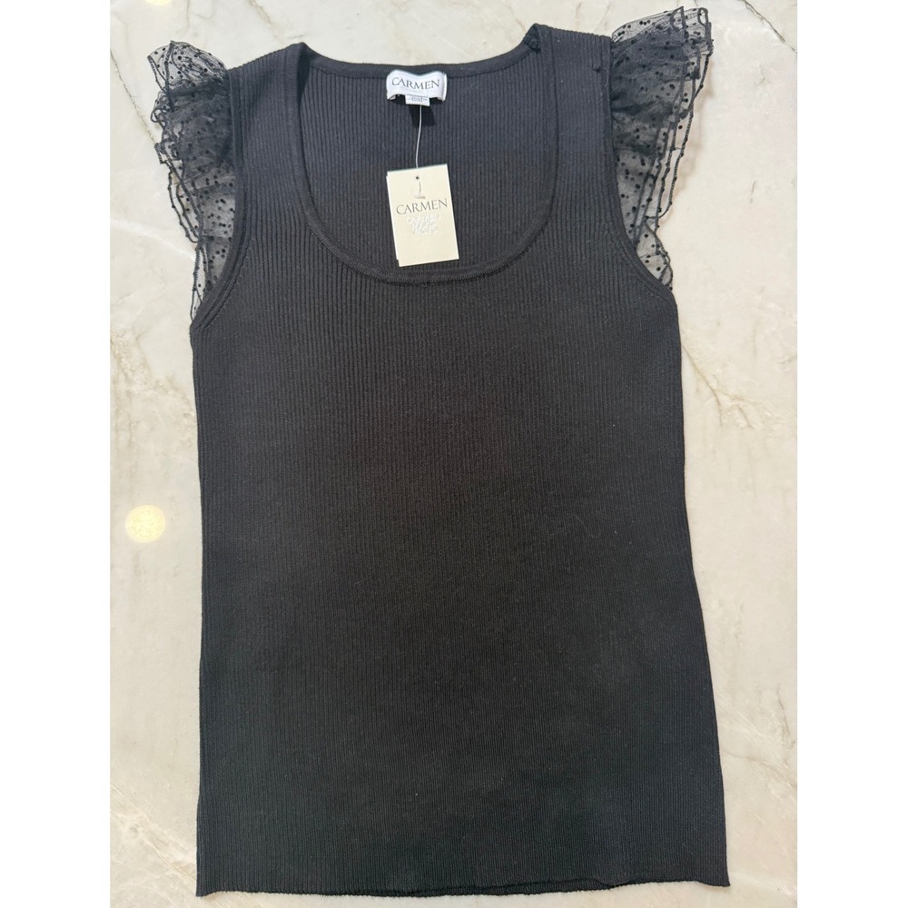 NWT Carmen Marc Valvo Black Ribbed Tank Top Polka Dot Ruffle Sleeve Womens L
